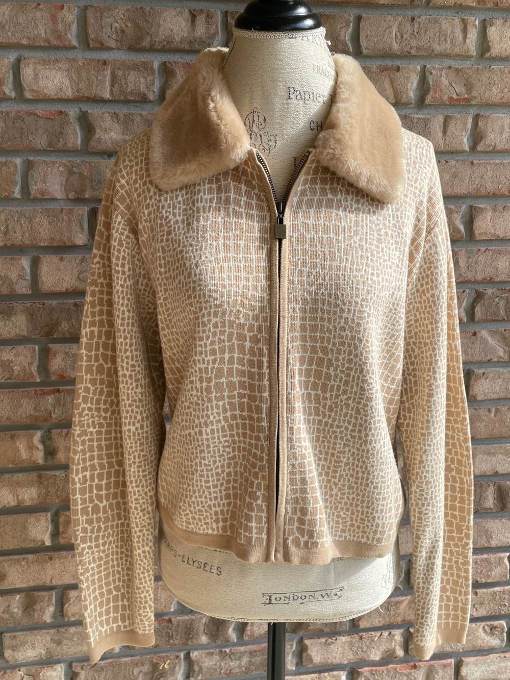 Liz Claiborne Beige Croc-Print Zip Bomber Jacket with Faux-Fur Collar